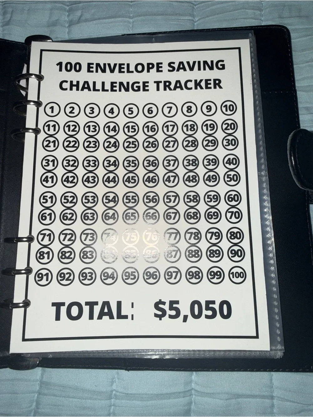 100 Envelope Savings Challenge Wallet - Black with White Lettering